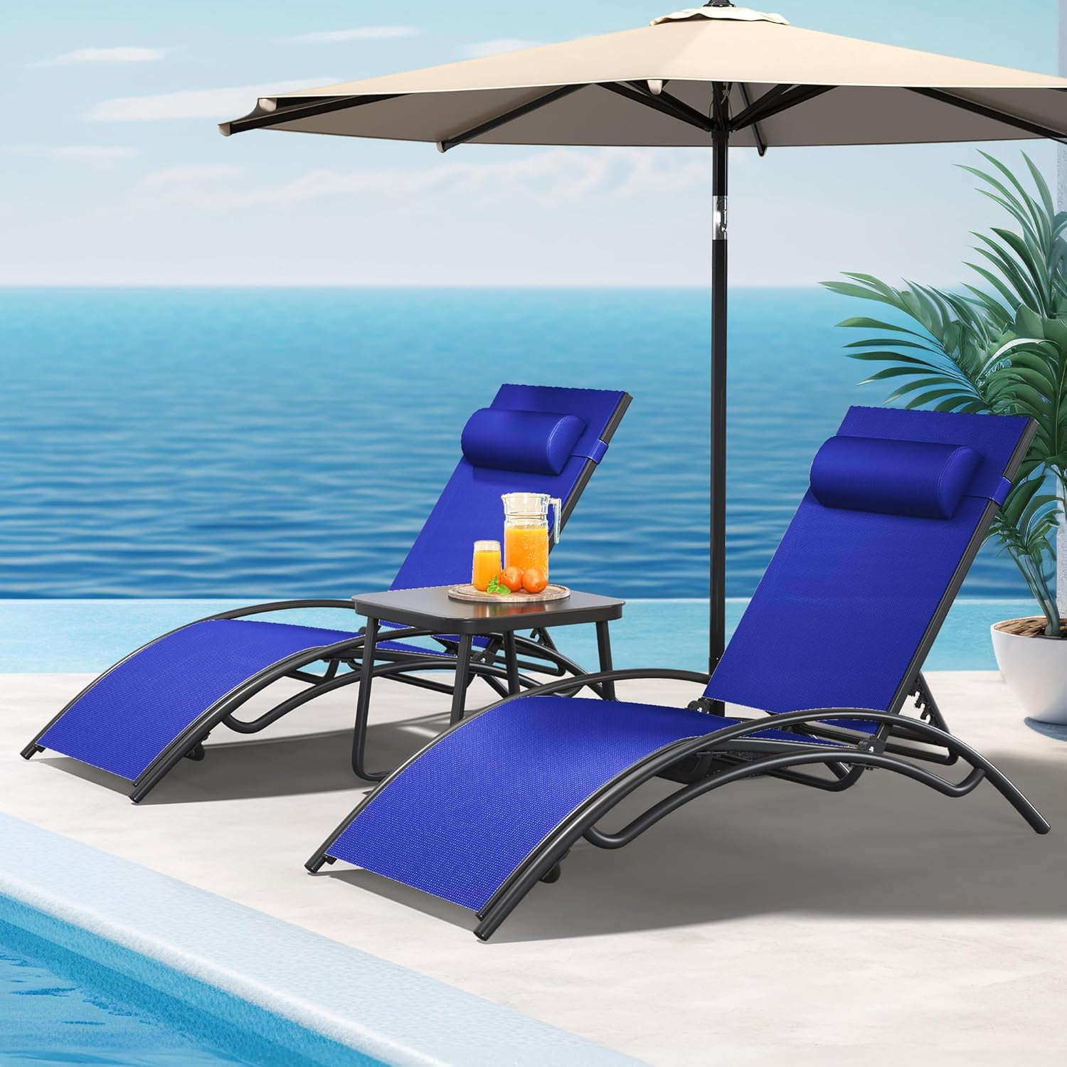 Outdoor Chaise Lounge Chair Set of 3, Pool Lounge Chairs with Side ...