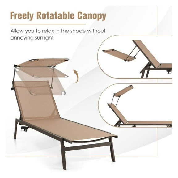Outdoor Chaise Lounge Chair with Sunshade, 6 Adjustable Positions, Brown - Metal Frame, Cup Holder, Breathable Fabric - Patio, Deck, Poolside Recliner