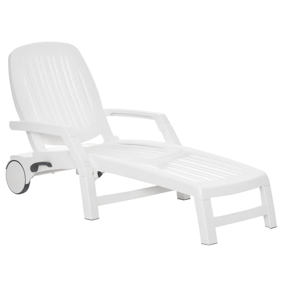 Outdoor Chaise Lounge Chair on Wheels with Storage Box, Waterproof Lounger with Quick Assembly, Folding Design, 5 Level Adjustable Backrest for Pool, Beach, Patio, Garden, White