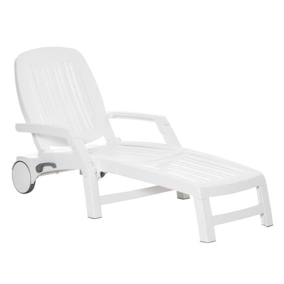 Outdoor Chaise Lounge Chair on Wheels with Storage Box, Waterproof Lounger with Quick Assembly, Folding Design, 5 Level Adjustable Backrest for Pool, Beach, Patio, Garden, White