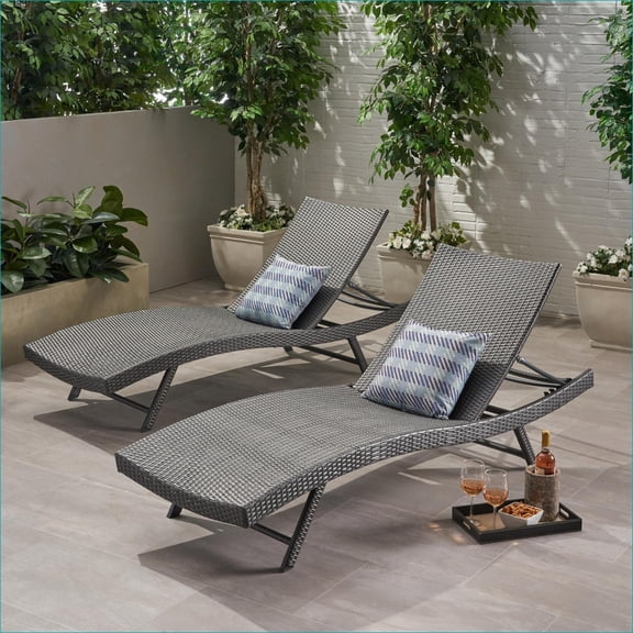 Outdoor Chaise Lounge Chairs | Modern Adjustable Reclining for Patio Poolside, Set of 2, Iron Frame | Grey | Rattan