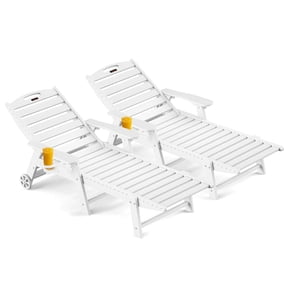 Outdoor Chaise Lounge Chairs Set of 2, 5 Positions Adjustable Lounge Chairs with Wheels & Cup Holder, HDPE Poo lLounge Chair for Poolside, Patio, Classic White