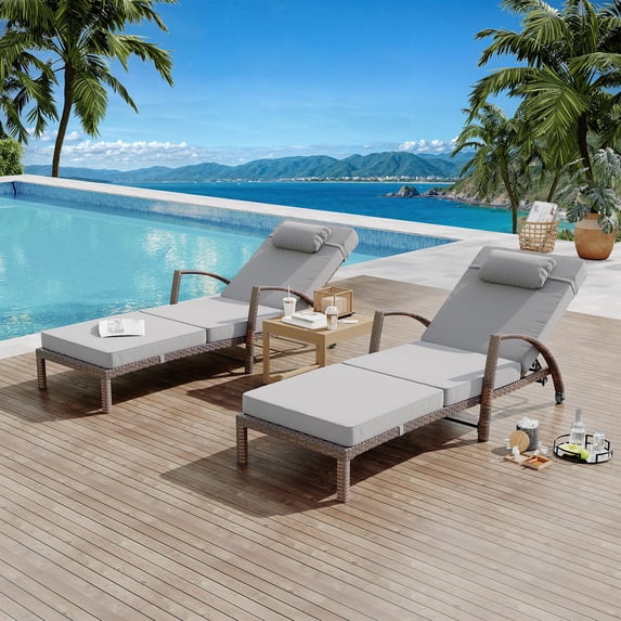 Outdoor Chaise Lounge Chairs Set of 2, Adjustable 5-Position Rattan Patio Pool Lounge Chair with Cushion, Arm, Pillow and Rolling Wheels for Outside Poolside Backyard Deck Porch