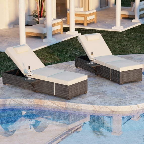 Outdoor Chaise Lounge Chairs Set of 2, Patio Pool Lounge Chairs PE Wicker Rattan, Pool Lounge Chair w Removable 25D Cushion & Storage Table, 5 Position Adjustable Back Pool Sunbathing Recliner