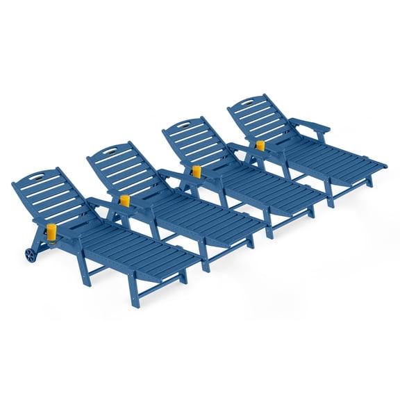 Outdoor Chaise Lounge Chairs Set of 4, 5 Positions Adjustable Lounge Chairs with Wheels & Cup Holder, HDPE Poo lLounge Chair for Poolside, Patio, Blue