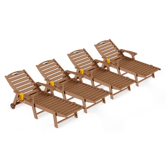Outdoor Chaise Lounge Chairs Set of 4, 5 Positions Adjustable Lounge Chairs with Wheels & Cup Holder, HDPE Poo lLounge Chair for Poolside, Patio, Brown