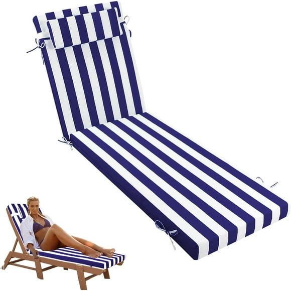 Outdoor Chaise Lounge Cushion, 72 x 21 x 3 Inch, Waterproof Lounge Chair Cushion with Headrest & Ties, Fade Resistant Patio Recliner Pads for Lawn Pool (1, Blue White)
