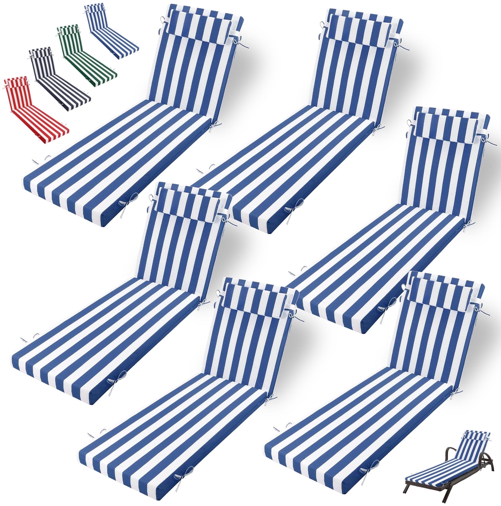Outdoor Chaise Lounge Cushion, High-Density Foam Fill Patio Furniture Bench Cushions with Ties, Thicken Waterproof Replacement Back Chaise Cushions for Pool, Sand Beach (Blue White Stripes)