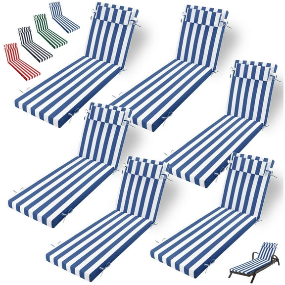 Outdoor Chaise Lounge Cushion, High-Density Foam Fill Patio Furniture Bench Cushions with Ties, Thicken Waterproof Replacement Back Chaise Cushions for Pool, Sand Beach (Blue White Stripes)