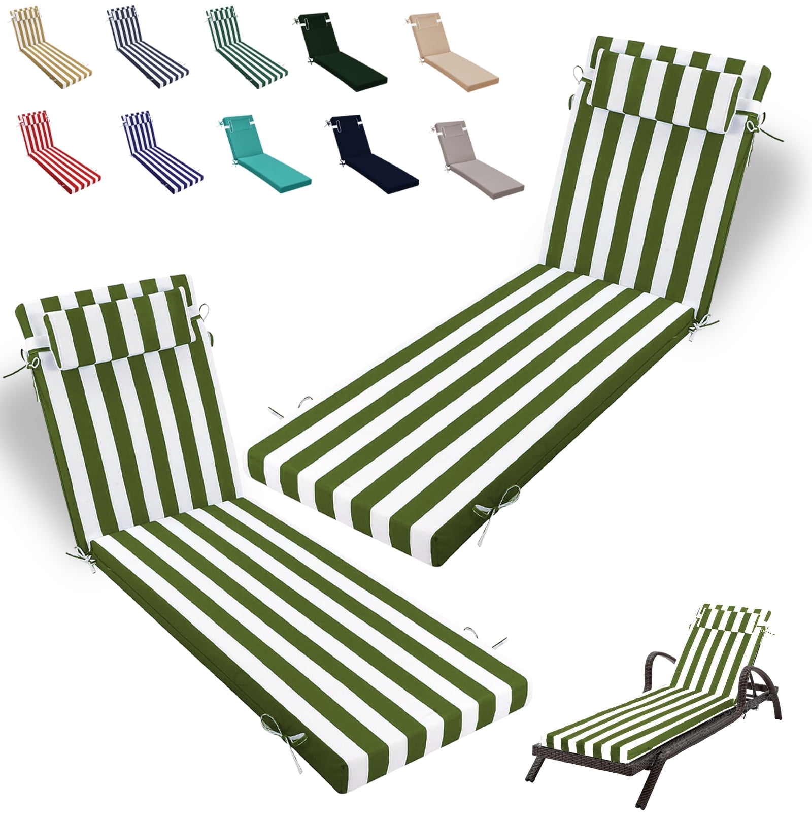 Outdoor Chaise Lounge Cushion, High-Density Foam Fill Patio Furniture Bench Cushions with Ties, Thicken Waterproof Replacement Back Chaise Cushions for Pool, Sand Beach (Grass Green White Stripes)