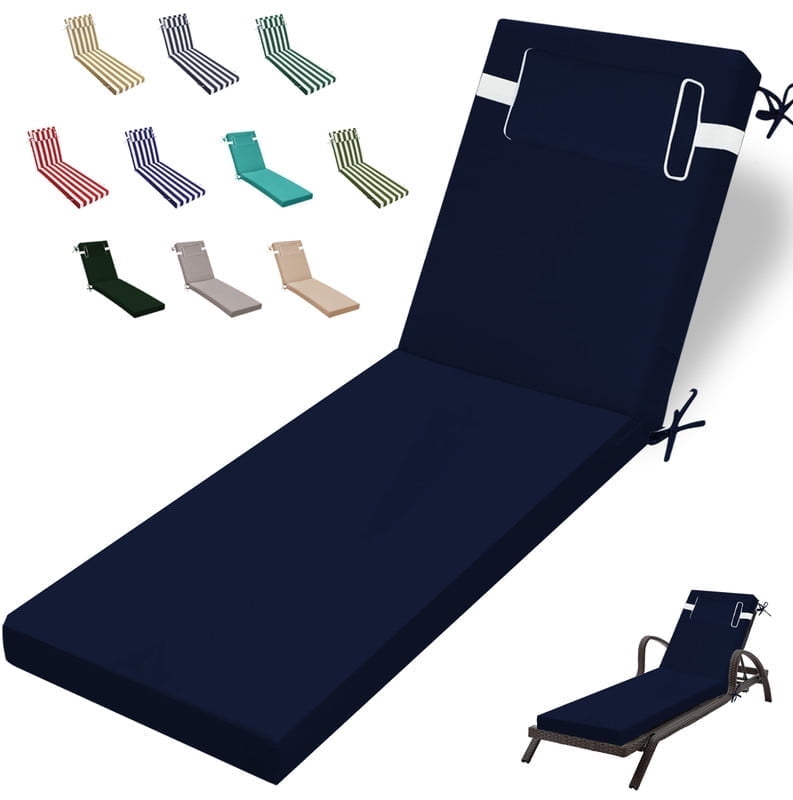 Outdoor Chaise Lounge Cushion, High-Density Foam Fill Patio Furniture Bench Cushions with Ties, Thicken Waterproof Replacement Back Chaise Cushions for Pool, Sand Beach (Navy Blue)