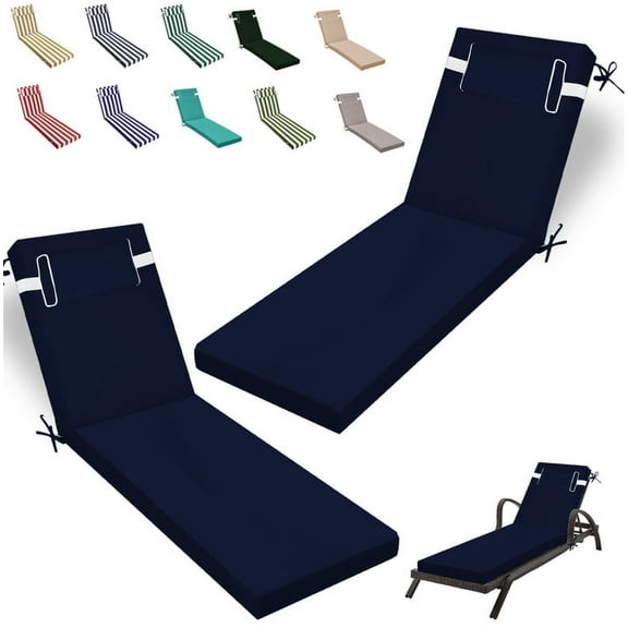 Outdoor Chaise Lounge Cushion, High-Density Foam Fill Patio Furniture Bench Cushions with Ties, Thicken Waterproof Replacement Back Chaise Cushions for Pool, Sand Beach (Navy Blue)