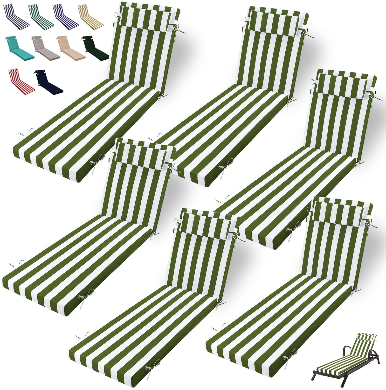 Outdoor Chaise Lounge Cushion, High-Density Foam Fill Patio Furniture Bench Cushions with Ties, Thicken Waterproof Replacement Back Chaise Cushions for Pool, Sand Beach (Grass Green White Stripes)