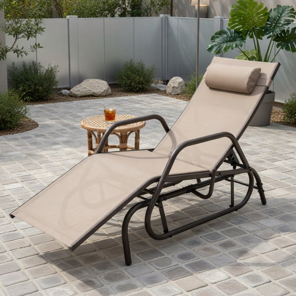 Outdoor Chaise Lounge Glider Chair with Adjustable Backrest, Removable Pillow & Quiet Metal Frame  Rustic Brown/Gray