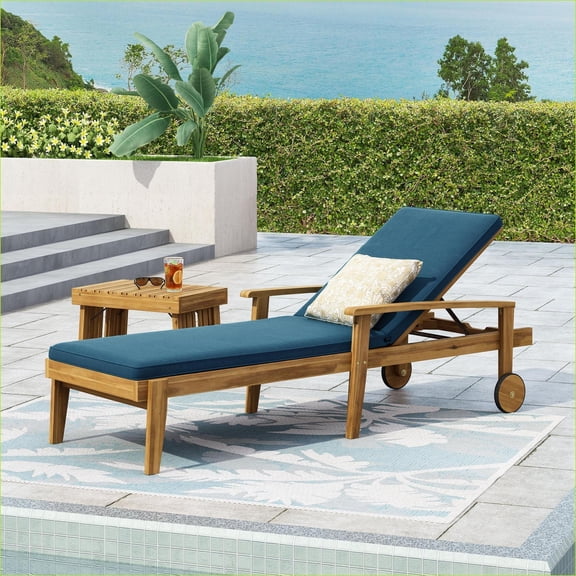 Outdoor Chaise Lounge | Modern Classic | Solid Acacia Wood | 5-Position Adjustable | Patio Pool Deck | Fabric | Navy blue