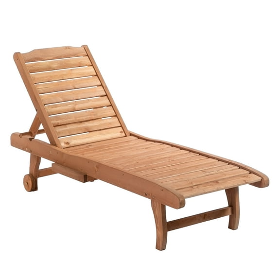 Outdoor Chaise Lounge Pool Chair, Built-In Table, Reclining Backrest for Sun tanning/Sunbathing, Rolling Wheels, Red Wood Look