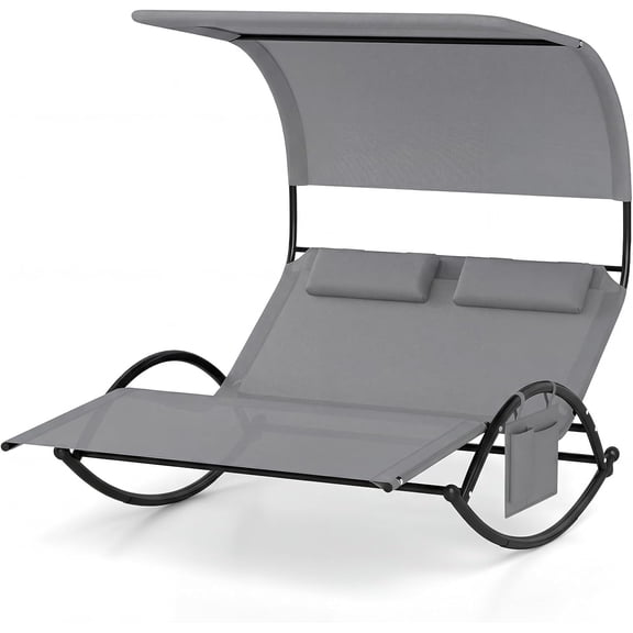 Outdoor Chaise Lounge Rocker, 2-Person Rocking Daybed Sun Lounger with Sun Shade Canopy & Headrest Pillows, Hammock Bed Loveseat with Heavy-Duty Metal Frame for Patio, Backyard, Poolside