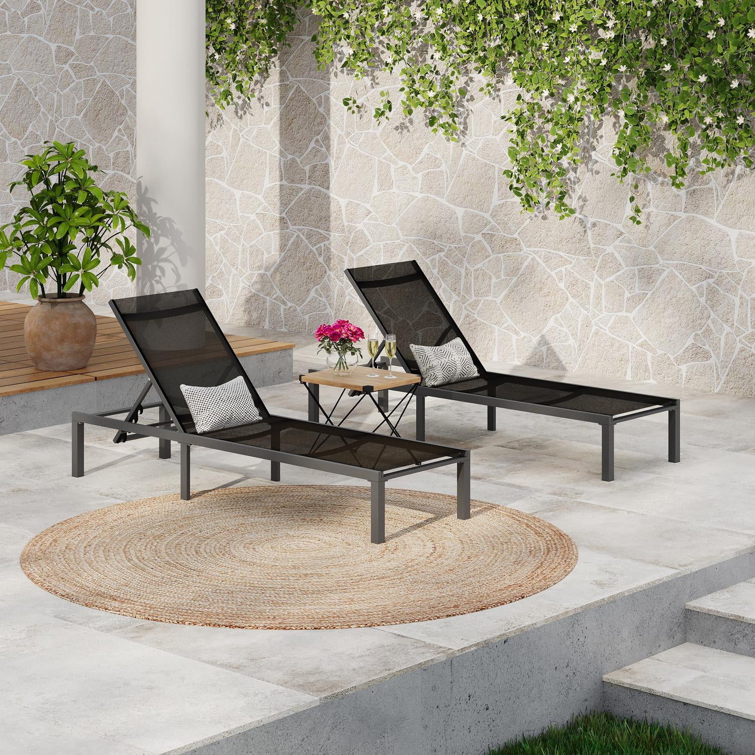 Outdoor Chaise Lounge Set of 2, Adjustable Chaise Lounge, Patio Chaise Lounge with 4-Position Reclining Backrest, Aluminum Frame and Breathable Fabric, Lightweight, Black