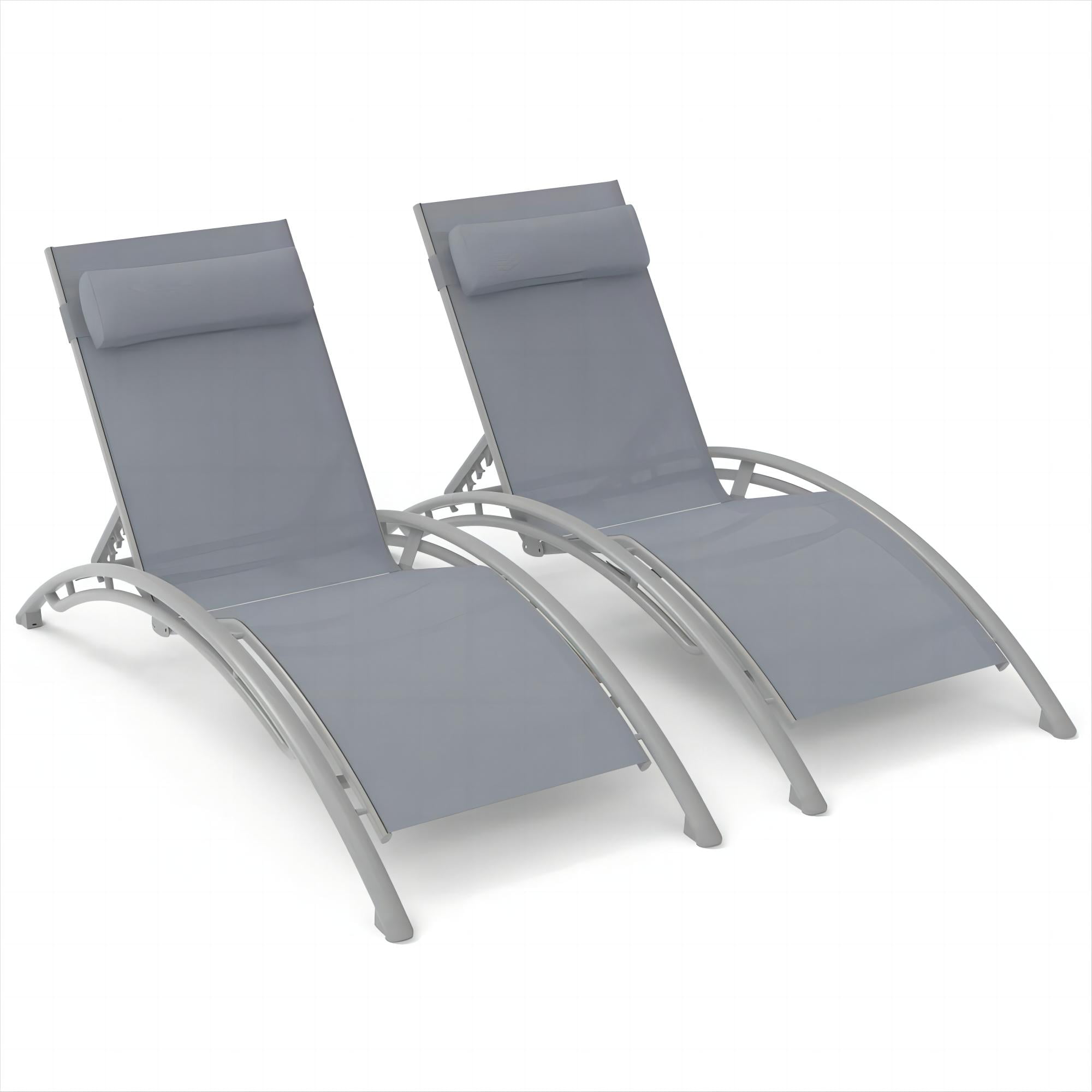 Outdoor Chaise Lounge, Set of 2 Patio Recliner Chairs with Adjustable Backrest and Removable Pillow for Indoor&Outdoor Beach Pool Sunbathing Lawn (Gray, 2 Lounge Chairs)
