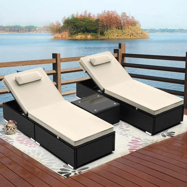 Outdoor Chaise Lounge Set of 3, BTMWAY Patio Wicker Lounge Chairs w/Coffee Table, Adjustable Backrest, Cushions, Rattan Sunbathing Reclining Lounge Chairs for Outside, Pool Lounge Furniture, A2471