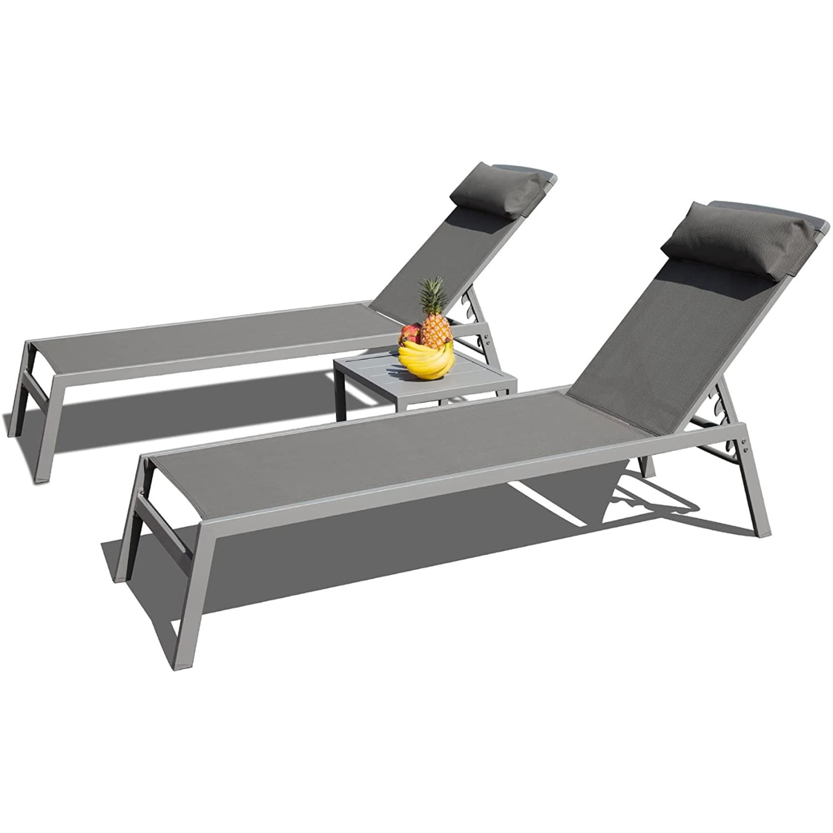 Gray Aluminum Armless Outdoor Lounge Chair Set with Table