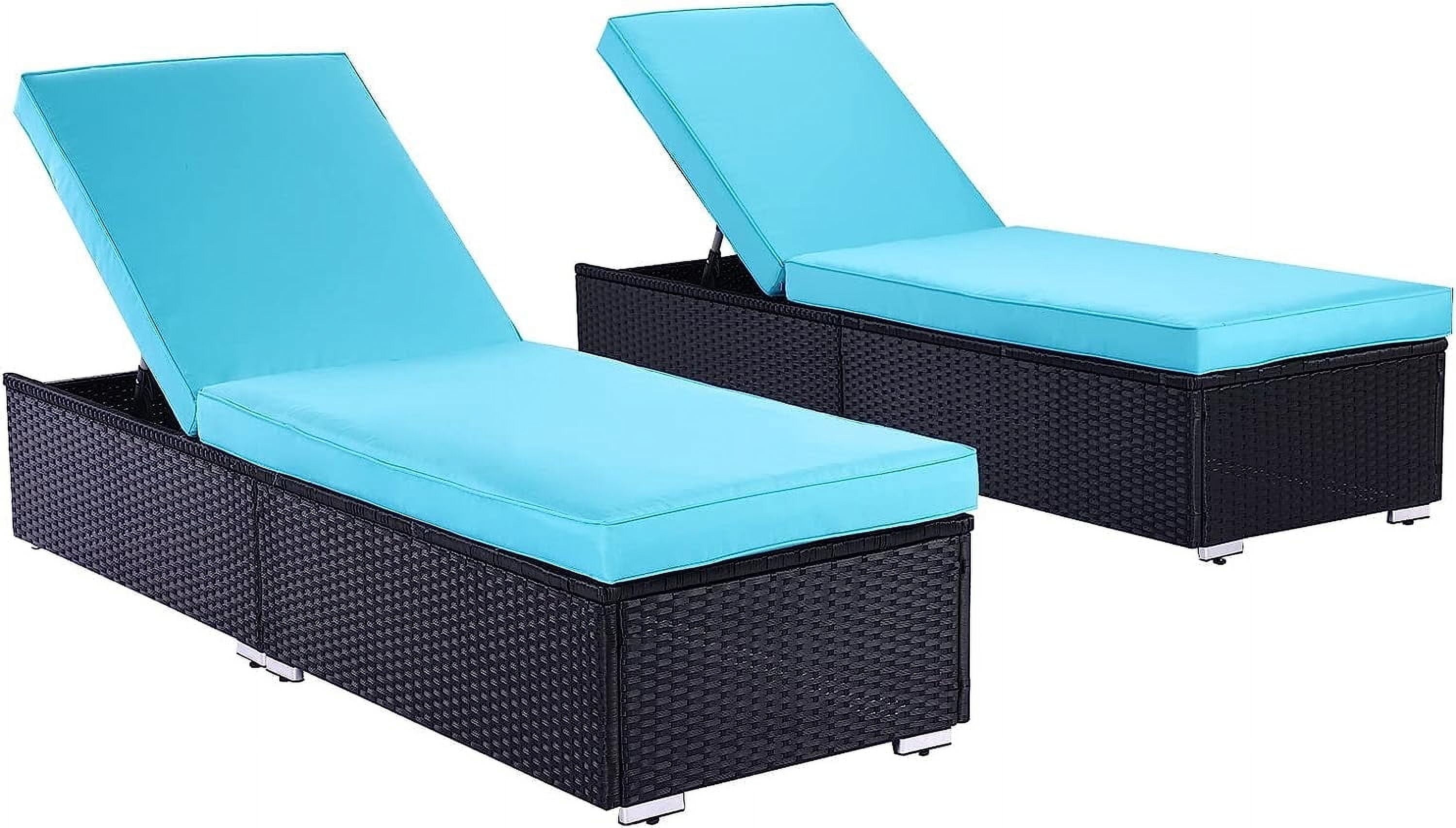 Outdoor Chaise Lounge Set of 2, Patio Wicker Adjustable Reclining Pool Lounge Furniture Chairs with Removable Recliner Cushion, Blue