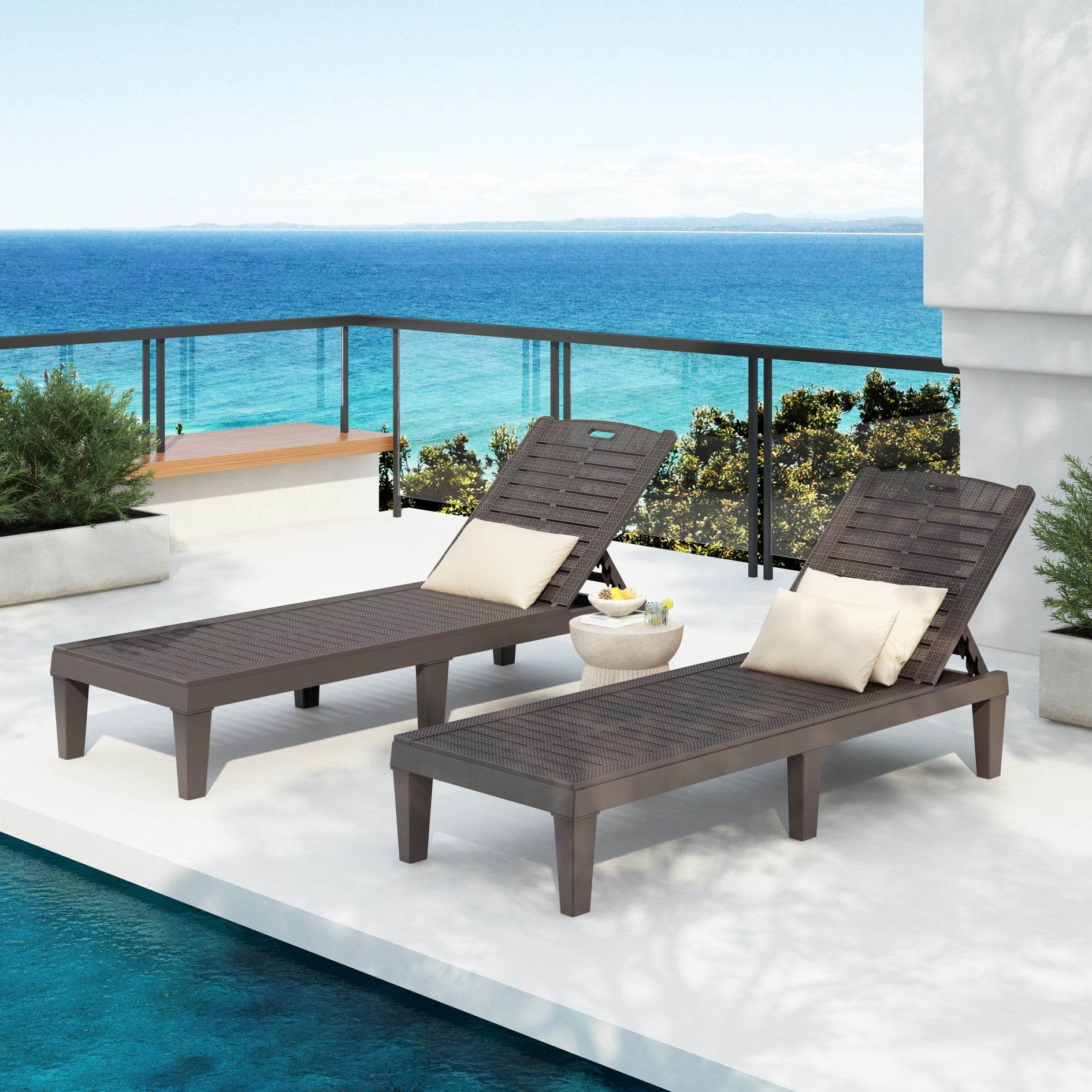 Outdoor Chaise Lounge Set of 2, Waterproof Resin Pool Lounge Chair with ...
