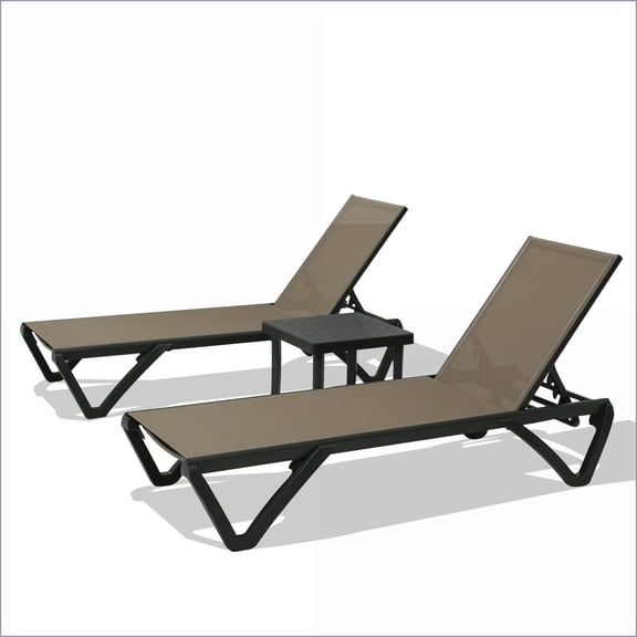 Outdoor Chaise Lounge Set of 2 with Side Table, Adjustable All Weather Pool Chairs with Wheels, Textilene | Khaki | Aluminum