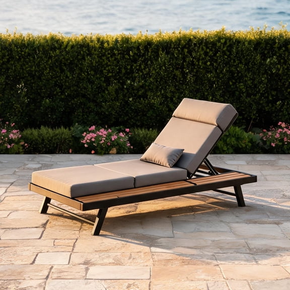 Outdoor Chaise Lounge with Black Iron, Teak Wood, and Soft Gray Cushion