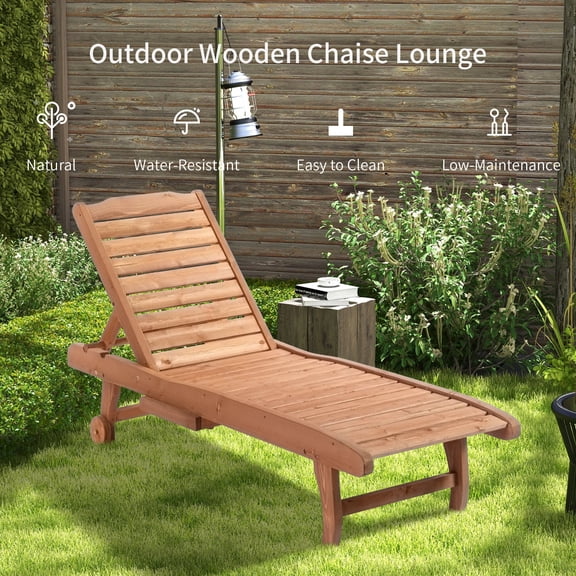 Outdoor Chaise Lounge with Built-In Table, Reclining Backrest for Sunbathing, Rolling Wheels, Natural Wood, 71.7L x 23.6W x 13.8H