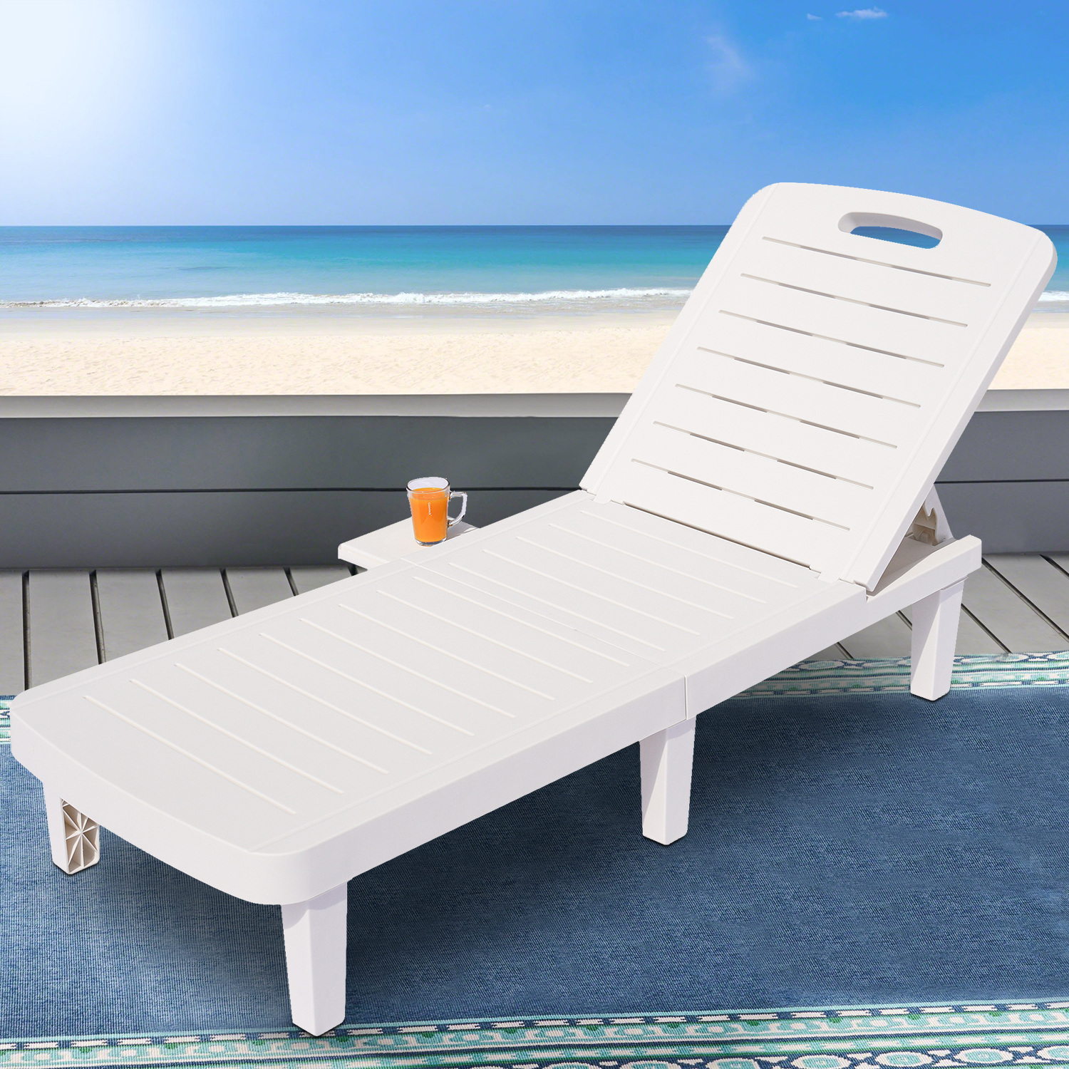 Outdoor Chaise Lounger, Single Patio Chaise Lounge Chair Furniture Set with Adjustable Back and Retractable Tray, All-Weather Plastic Reclining Lounge Chair for Beach, Backyard, Porch, Garden, Pool, L - image 1 of 9