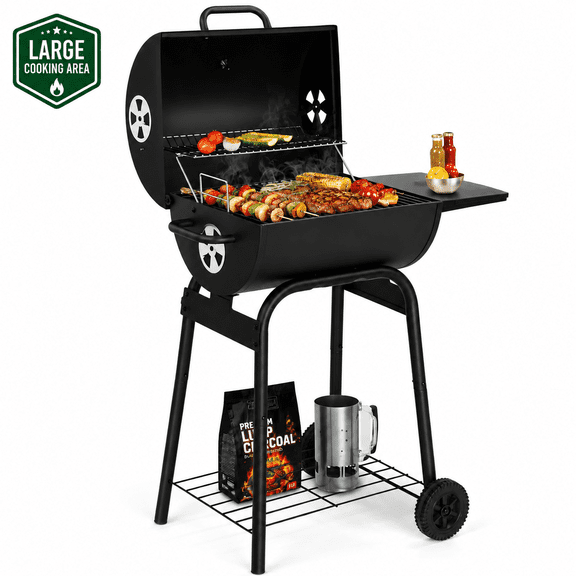 Outdoor Charcoal Grill, Barrel BBQ Grill with 4-Level Adjustable Charcoal Pan, Warming Rack, Built-In Thermometer, Side Table, Bottom Shelf and Wheels for Backyard Patio Camping