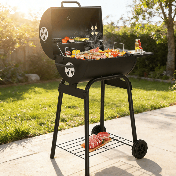 Outdoor Charcoal Grill w/2 Grill Area, 40''H Barrel Charcoal Grill with Side Table, Portable Barbecue Smoker Grill on Wheels, with Shelf & Thermometer, Adjustable Charcoal Pan