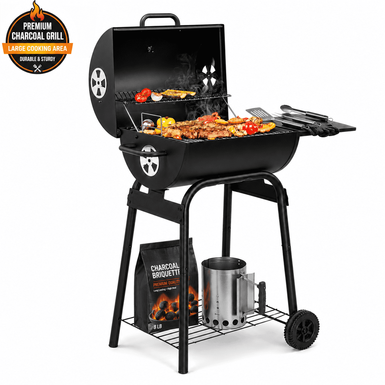 Outdoor Charcoal Grill w/2 Grill Area, 40''H Barrel Charcoal Grill with Side Table, Portable Barbecue Smoker Grill on Wheels, with Shelf & Thermometer, Adjustable Charcoal Pan