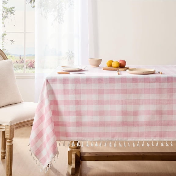 Outdoor Checkered Tablecloth, Linen Cotton Gingham Table Cloths for 6 Foot Rectangle Tables with Tassel, Heavy Duty Wrinkle Free Plaid Table Cover for Picnic Camping - 55 x 84 Inch,