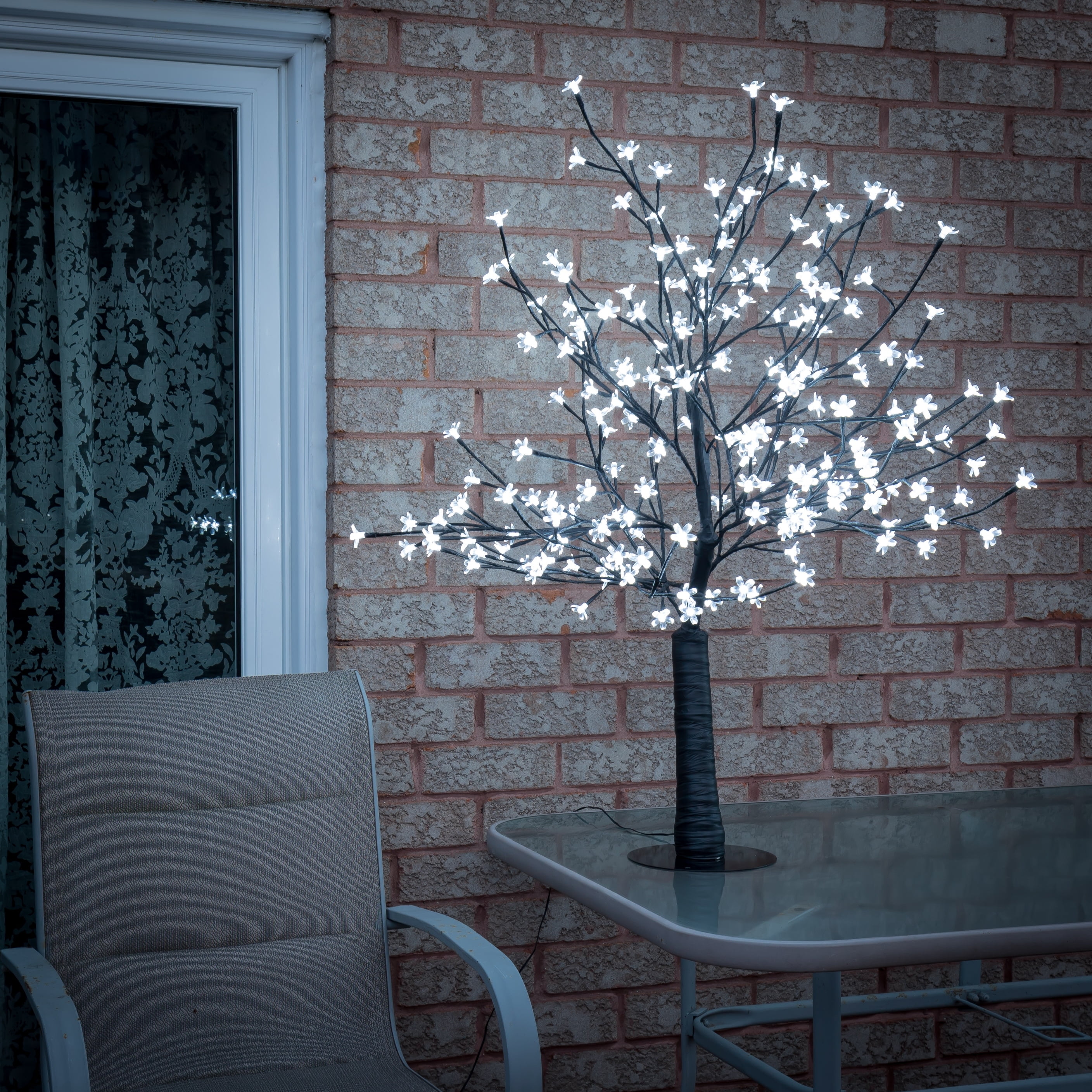 47.25in White Cherry Blossom Tree with LED Lights in Wooden Planter