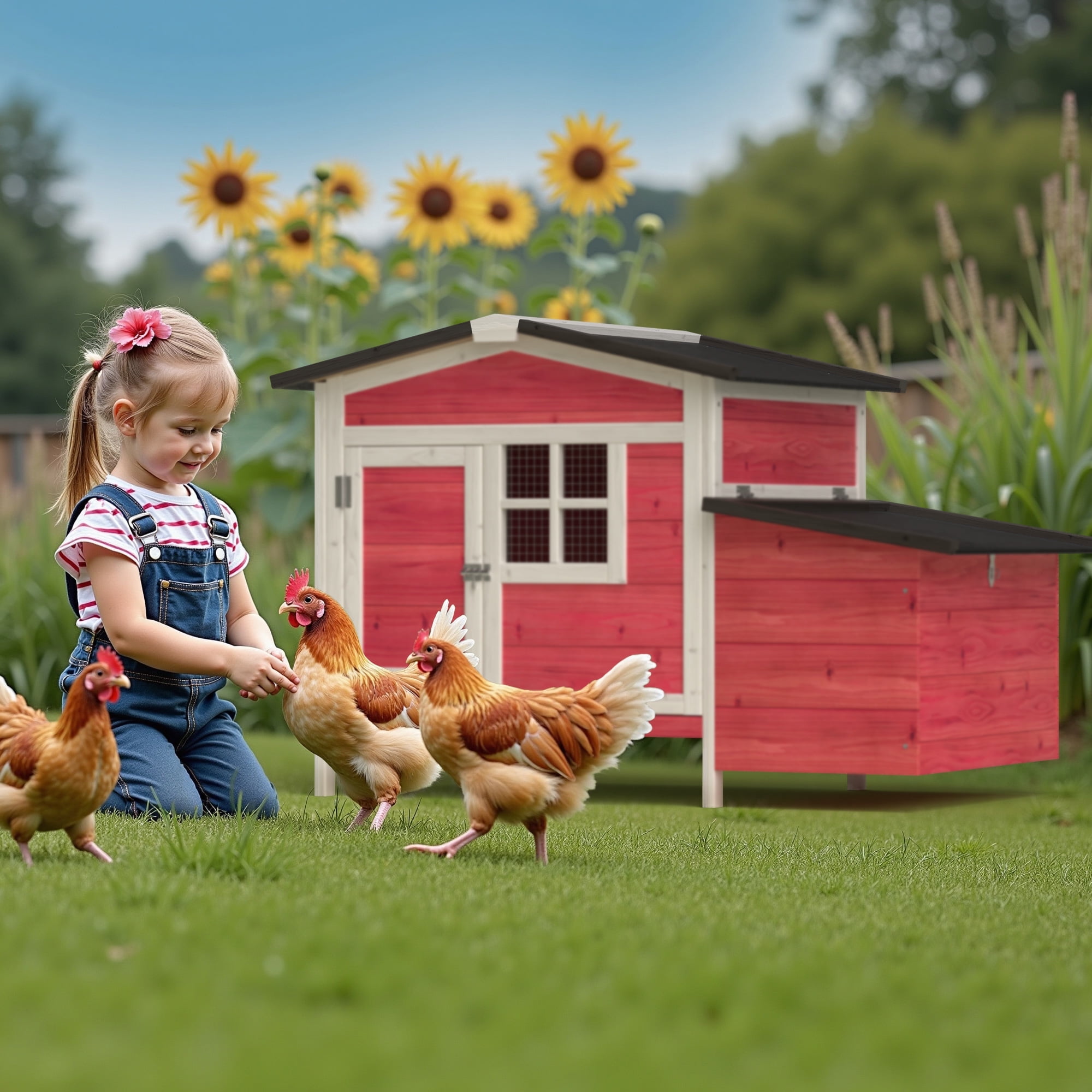 Outdoor Chicken Coop Rabbit Hutch Wooden Hen House w/ Nesting Box & Tray Poultry Cage for Outdoor Indoor, Red