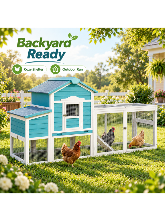 81.2" Outdoor Wooden Chicken Coop with Run for 2-3 Chickens, Backyard Hen House with Nesting Box, Pull-Out Tray, Weatherproof Roof, Free-Range Door & 6 Access Areas