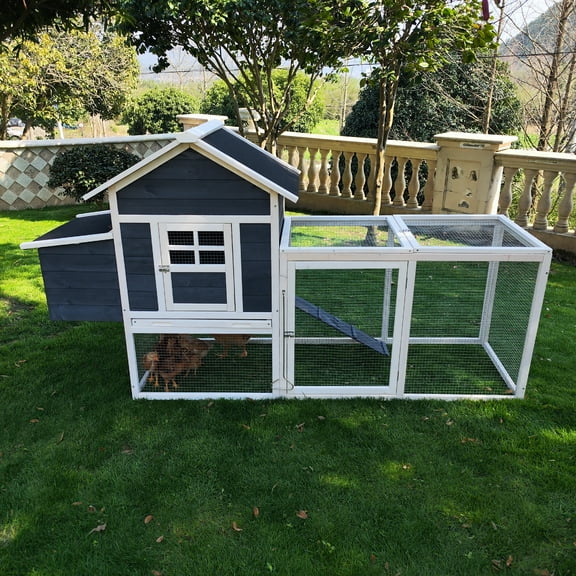 Outdoor Chicken Coop With Run Chicken Runs For Yard w/ Egg Box & Cover Wooden Hen House Rabbit Hutch w/ Tray, Gray