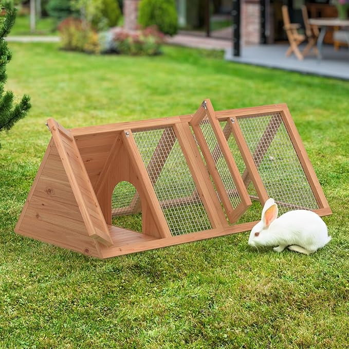 Natural Wood and Iron A-Frame Guinea Pig Hutch with Run