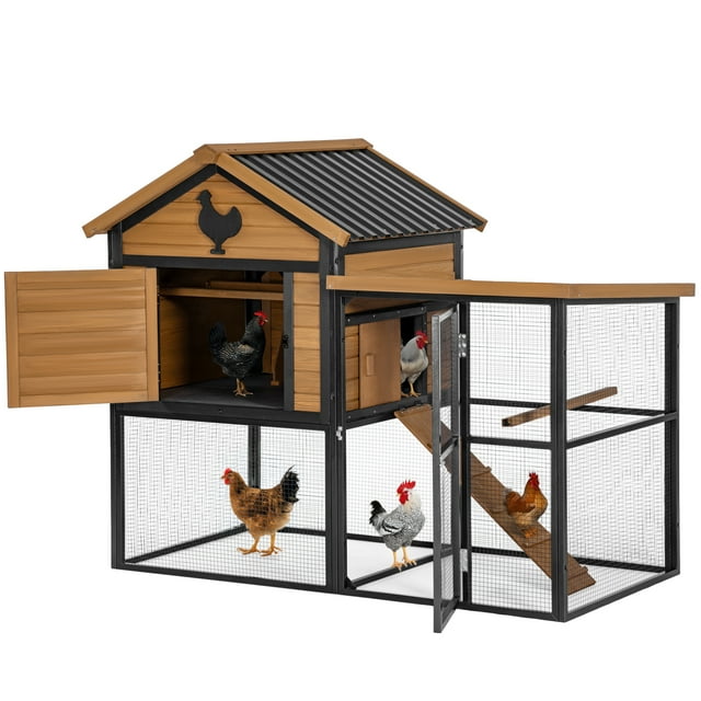 Outdoor Chicken Coop with Waterproof Roof, Durable Poultry Cage Hen House with Lockable Doors, Nesting Box, Window and Runway for 5-7 Chickens, Brown