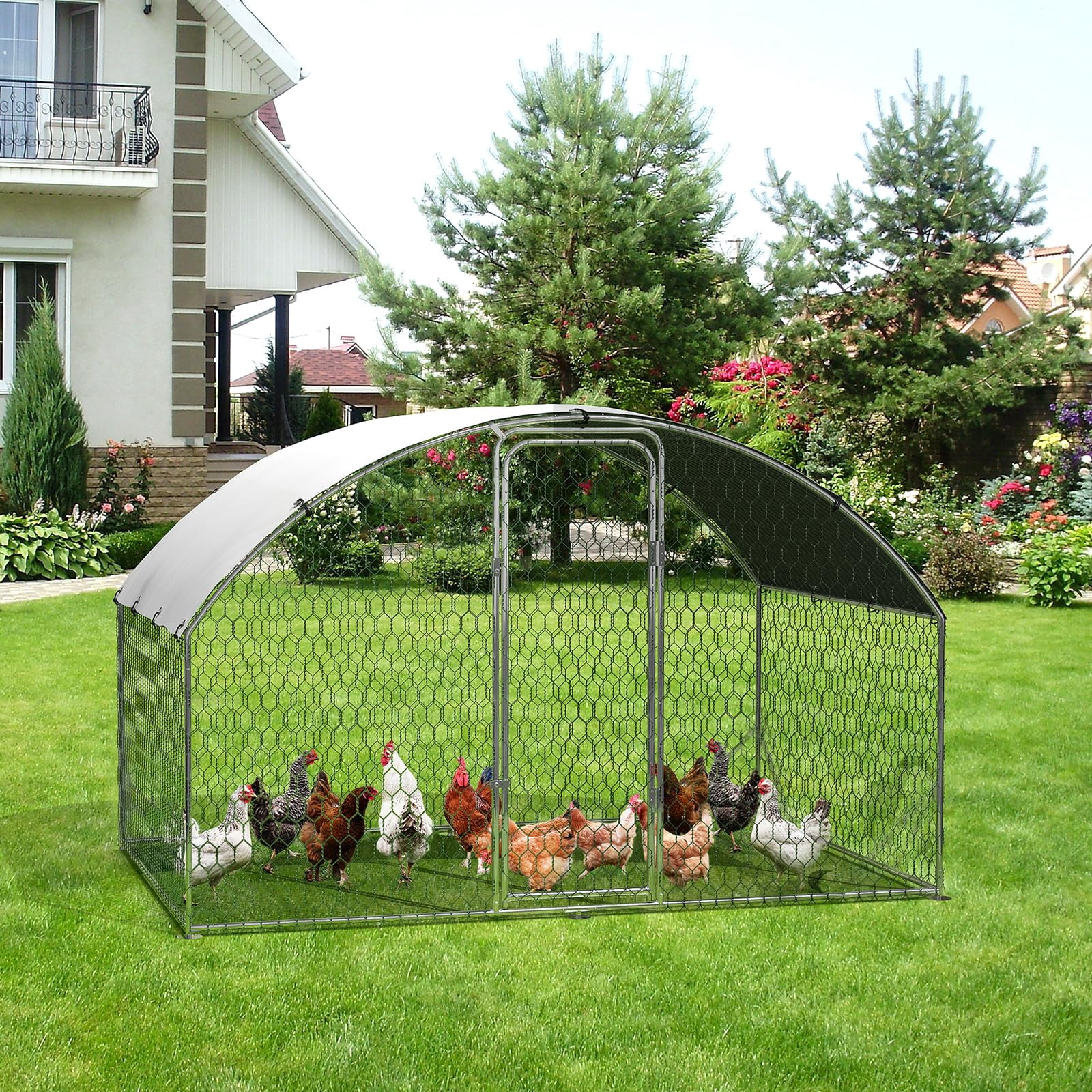 Outdoor Chicken Run, 9.8 x 6.5 x 6.5 Ft/9.8 x 13.1 x 6.6 Ft/ 9.8 x 19.7 x 6.6 Ft Dome Roof Walk in Chicken House Large Metal Chicken Coop Poultry Cage for Hen, Duck and Rabbit