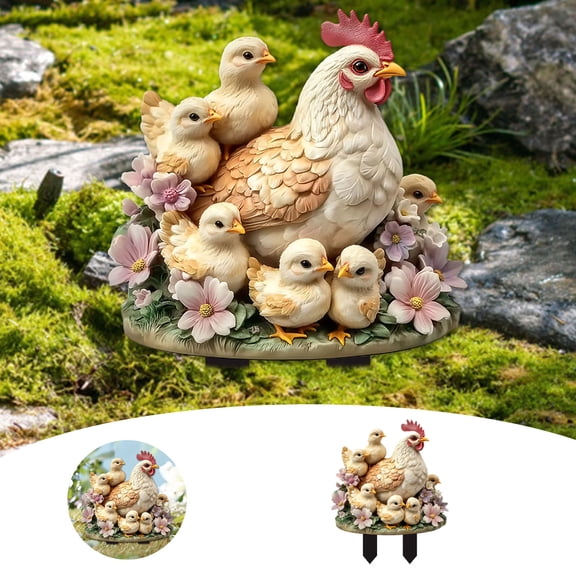 Outdoor Chicken Sculpture - 30CM 2D Farm Animal Statue with Hen and Chicks, Durable Resin Garden Decor for Yard, Patio and Farmhouse Style Landscaping
