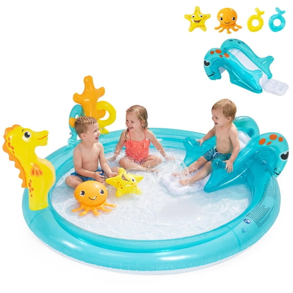 Outdoor Children Water Park Splash Pool with Seahorse Sprinkler, Slide, Ring-Toss Game, Pvc