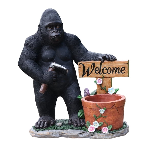 Chimpanzee Planter Statue with Welcome Sign, Handcrafted Weather Resistant Resin Flower Pot, Outdoor Entryway Yard Patio Lawn Garden Decor Sculpture