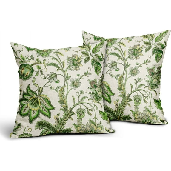 Outdoor Chinoiserie Pillow Cover 18x18 Inch Beige Green Floral Pillow Covers Turquoise Flower Farmhouse Pillowcase Square Linen Cushion Cover for Bedroom Sofa Couch Home Decor (Pack of 2)