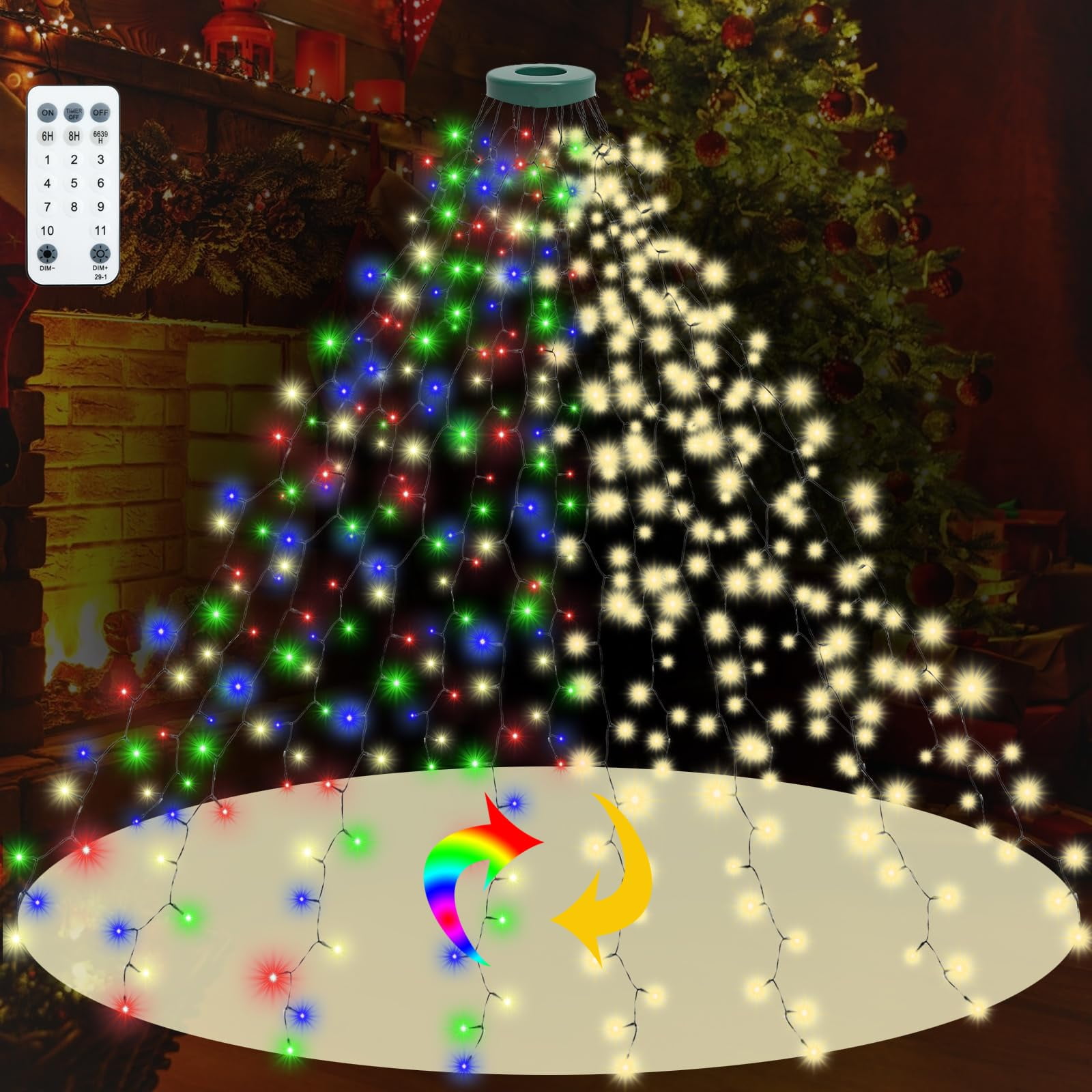 Christmas Tree Lights with Ring, Christmas String Lights for Tree, 8.2ft 16 Line 480 LED Christmas Light with 11 Modes and Timer, Xmas Fir Pine Party Decoration for Outdoor Indoor, Multicolor