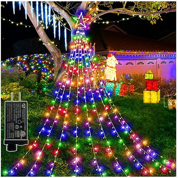 Outdoor Christmas Decoration Star String Lights 350 LED Waterfall Christmas Tree Lights Indoor Outside Decoration Christmas Star Lights for Party, Yard, Garden, Holiday, Home Decor (Multicolor)