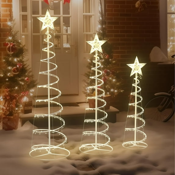 Outdoor Christmas Decorations Lighted Spiral Tree Set of 3, Led Warm White Birch Tree 4 Feet 6 Feet and 8 Feet, Lighted Tree For Indoor Christmas Decor, Party, Garden, Yard, Wedding, Holiday