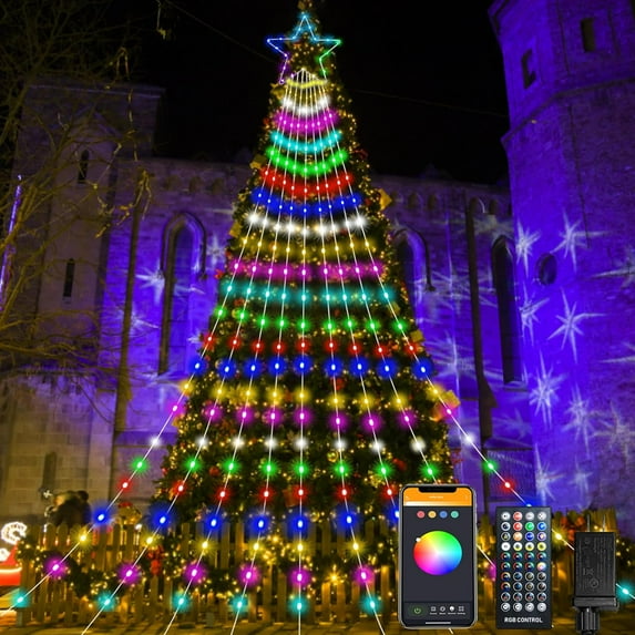 Outdoor Christmas Decorations Lights, 12FT 344 LEDs Color Changing Smart Waterfall Christmas Tree Lights with Remote & Sync Music, LED String Lights Outdoor Waterproof for Party Wedding Xmas Decor
